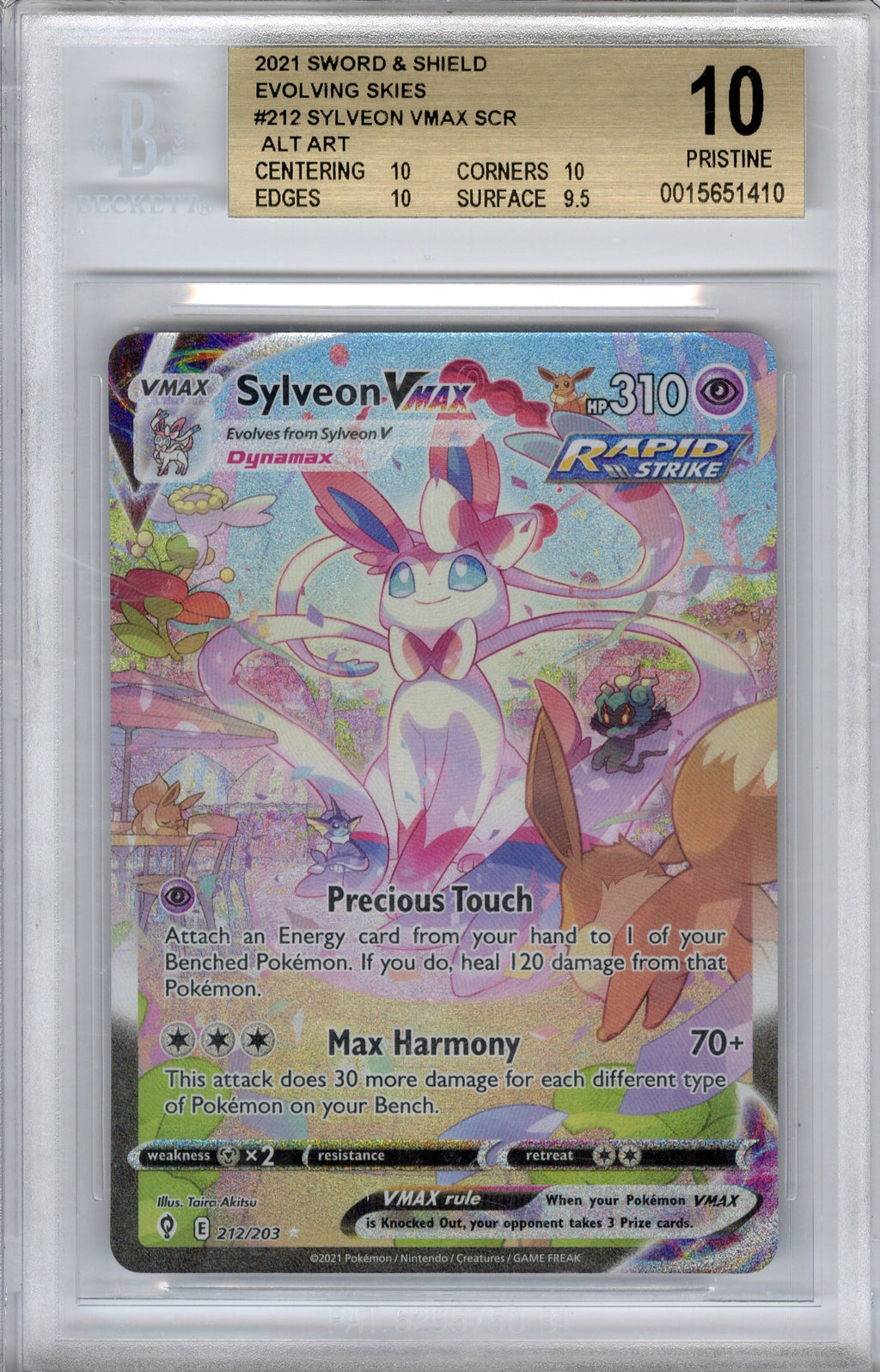 Pokémon TCG Sylveon Vmax Evolving Skies 212/203 Secret Rare BGS 10